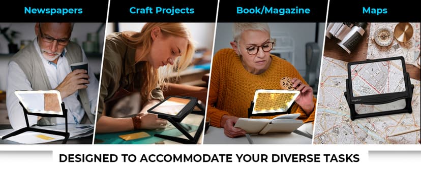 MAGNIPROS Patented 5X Large LED Page Magnifier with Detachable Stand | Eye Caring 3 Color Light Modes & Anti-Glare Lens to Reduce Eye Strain-Ideal for Reading Fine Print, Crafting, Low Vision Seniors