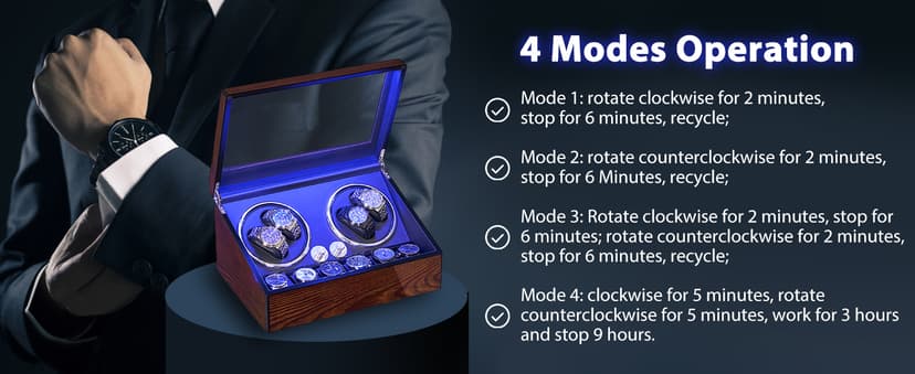 BEWISHOME BEWISHOME Watch Winders for Automatic Watches, Automatic Watch Winder Box Watch Spinner with LED Light, 4 Watch Winder with Quiet Running Motor and 6 Storage Case for Man/Woman's Watches, Brown SYQ01Y