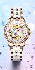 OLEVS Womens Big Face Automatic Watch, Diamond Accented Self Winding Dress Watch for Women, 50M Waterproof Day-Date Sapphire Crystal, Two Tone Stainless Steel Ceramic Band, White/Blue/Green/Red Dial