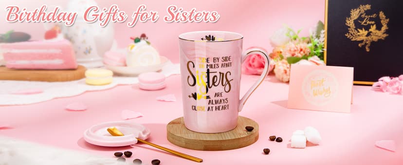 14oz Pink Marble Coffee Mug with Gold Print, Lid, Spoon, Greeting Card and Elegant Gift Box, Present for Big Sister Sister Birthday Gifts for Sister from Brother Sisters, 14oz Sisters Mug B0855VHN6G