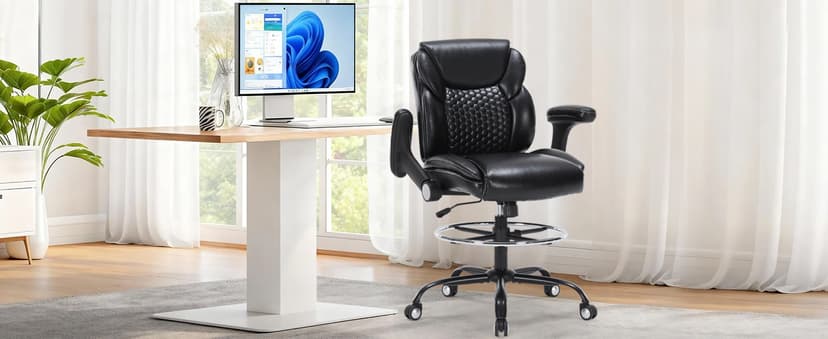 Drafting Chair, Tall Office Chair with Adjustable Armrests Mid-Back Standing Desk Chair with Footrest Ring, PU Leather High Executive Desk Chair Counter Height Office Chair for Home and Office, Black