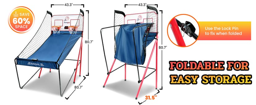 BAGAIL Basketball Arcade Game, Electronic Basketball Shooting Game with 8 Game Modes, Arcade Sounds, Foldable Frame, 4 Balls, Inflation Pump, Ideal Indoor Sport Games for All Players - Dual Shots
