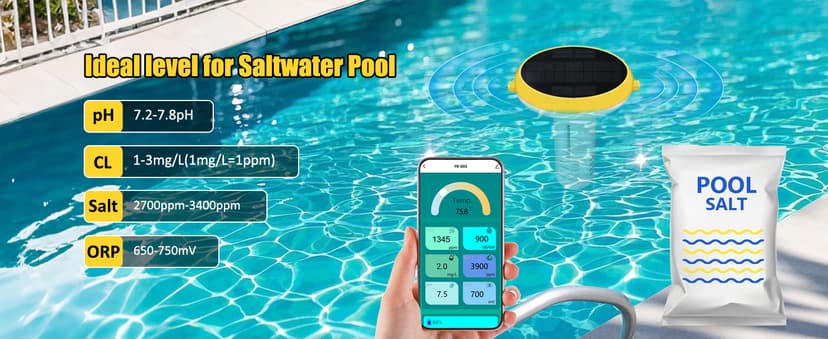 Smart Pool Monitor with Gateway, Profession Salt Water Pool Testing kit for Swimming Pool, 7 in 1 Chlorine Salinity ORP Monitor for Aquarium Sodium Chloride Swimming Pools Hot Tub Spas