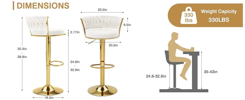 VECELO Bar Stools Set of 2, Adjustable Barstools Counter Height Stools with Back and Arm, Velvet Woven Kitchen Island Stools w/Gold Metal Leg & Base, 360° Swivel Bar Chair for Pubs Dining Room, White