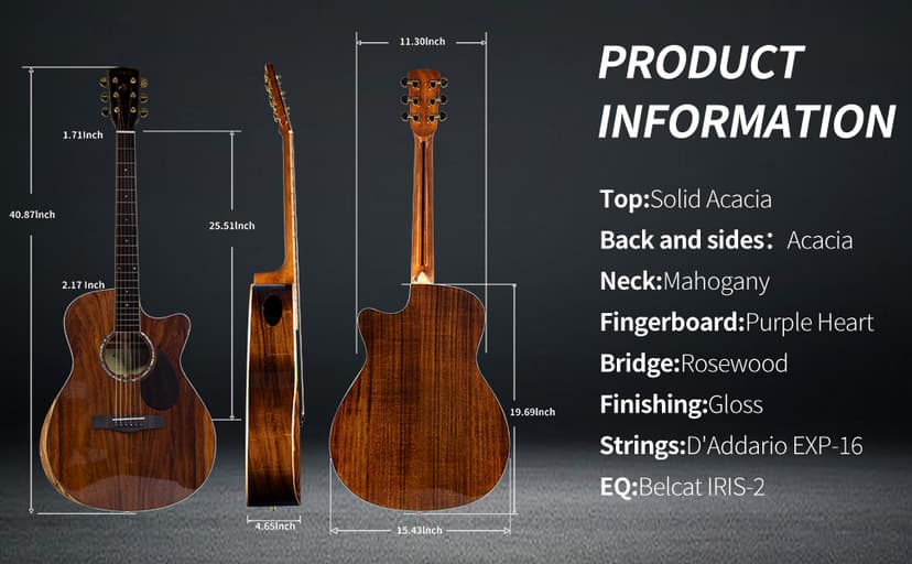 TARIO 41'' Electric Acoustic Antique Guitar Solid Acacia Top Acacia Back and Sides Mahogany Neck