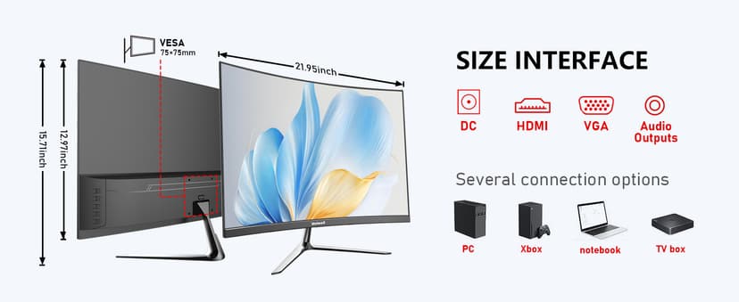 Gawfolk 24.5 Inch Gaming Curved Monitor Built-in Speakers, 3000R 120Hz PC Screen Full HD 1080P, HDMI 2.0, VGA, Wall Mount Compatible 75 * 75mm