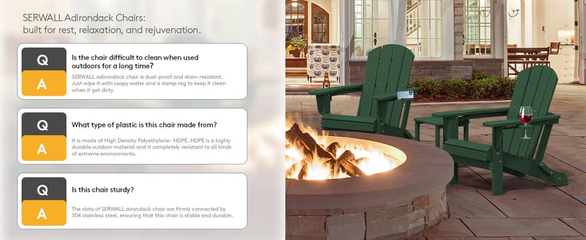 SERWALL Adirondack Chair with Cup Holders - Composite Adirondack Chairs Set of 4 HDPE Outdoor Chairs All Weather Use- Green