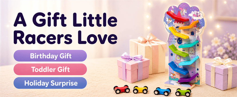 Montessori Toys for 2 Year Old Girls and Boys; Wooden Car Ramp for Cause-and-Effect and Hand-Eye Coordination; Birthday Gift Unicorn Car Ramp Toys for Toddlers 1-3, Wooden Race Track with 4 Mini Cars B0H7HBYL82