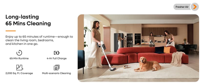 ElecKeys Cordless Vacuum Cleaner, 580W 48KPA 65Mins Vacuum Cleaners for Home, Self-Standing Anti-Tangle Vacuum with LED Display, Rechargeable, Lightweight, Cordless Vacuum for Floors/Pet Hair/Carpets