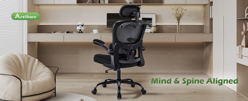 AreShark Office Chair Ergonomic Desk Chairs with Adjustable Lumbar Support& Headrest Hanger, High Back Breathable Mesh Chair with Wheels, Rolling Swivel Comfy Task Computer Chair for Home Work Gaming