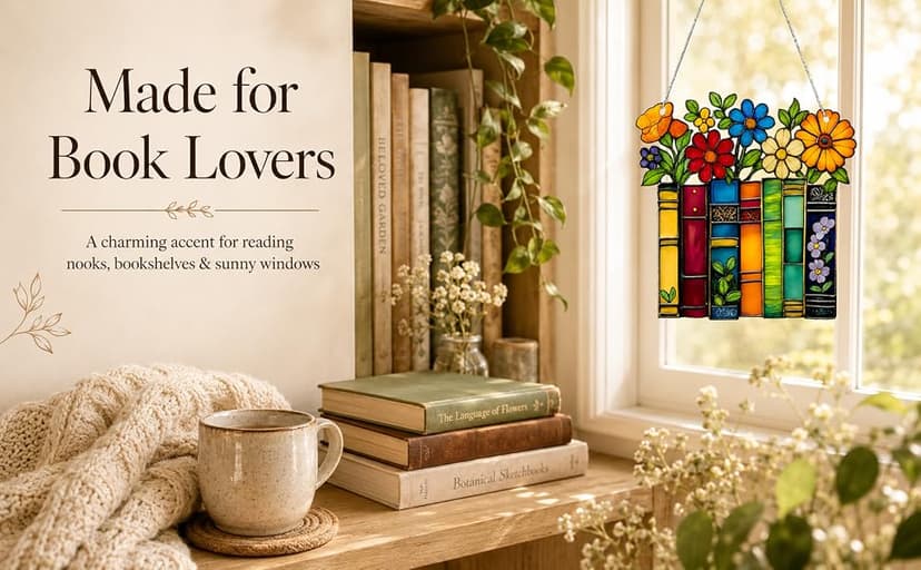 Book Lovers Gifts for Women, Book Ornament Faux Stained Glass Window Hanging, Bookish Gifts for Teacher, Librarian, Reader, Bookworm, Christmas Stocking Stuffer Tree Decorations (Floral Shelf)