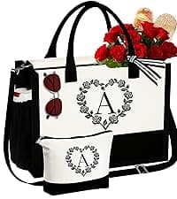 YOOLIFE Beach Bags for Women - Initial Canvas Tote Waterproof Bag with Makeup Bag Gifts for Women Mom Friend Birthday Her