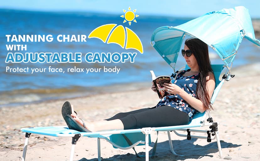 Oversized Extra Wide Tanning Chair with Sun Canopy Face Hole Padded Adjustable Washable, Heavy Duty Layout Folding Lounge Chair for Outside Beach Reading Sunbathing, UPF 50+, XL, Plus Size, 330 LBS