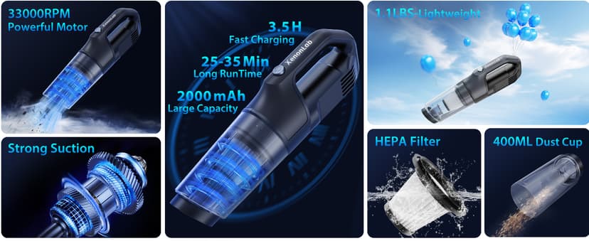 XenonLab Handheld Vacuum Cordless 1.1 Pounds Car Vac 10000PA Hand Held Vacuums 4-in-1 Hand Vac Cordless Rechargeable HEPA Filter Large Capacity Dust Cup for Car Office Home Pets Hair (Gray)