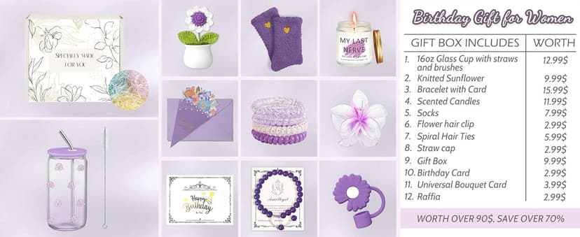 Birthday Gifts for Women Teen Girls, Unique Happy Birthday Gift Baskets for Her Mom, Thank You Self Care Get Well Box Set, Cute Teenage Cup Present for Mother Friend Sister Teacher Coworker (Purple) B0FRSG6VRQ