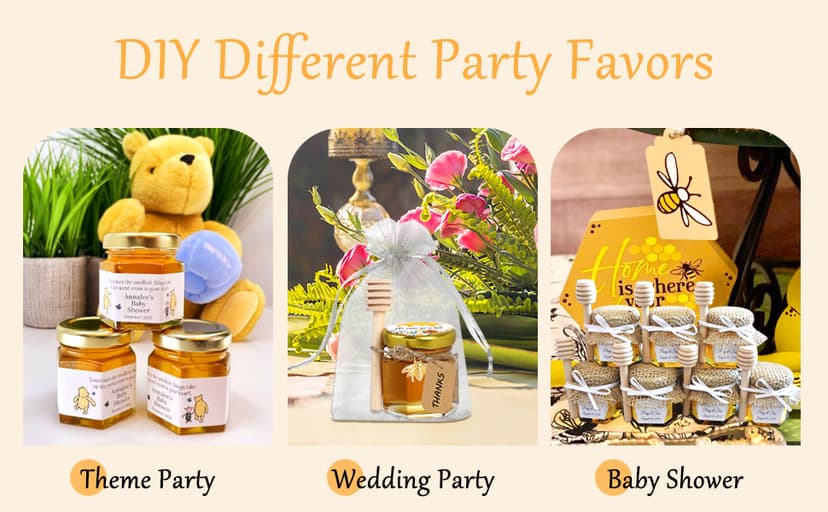 Aliggbent 48 Pack Mini Honey Jars Party Favors in Bulk, 1.5 oz Small Hexagon Glass Honey Jars with Dippers, Lids, Cute Stickers, Bee Charms, Gift Bags and Jute for Baby Showers, Weddings & Birthdays