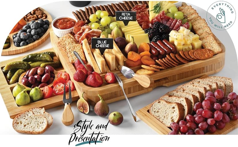 Complete Serving Set with Utensils & Trays, Entertaining, House Warming, Wedding, Bridal Shower & Birthday Gift for Women Bamboo Charcuterie Board Set, Large Cheese Board 3-Drawer with Accessories B0BKLRWSZW