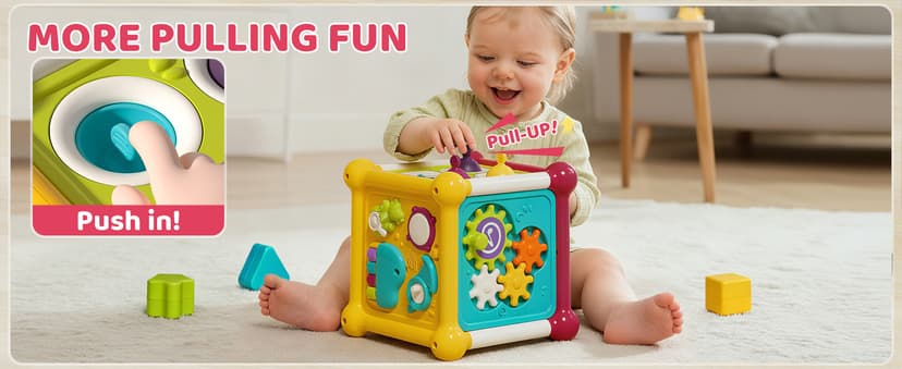 PANITU Baby Activity Cube, Cube Toys for Babies 6-12 Months, Toddler Music Busy Board with 4 Sensory Shape Blocks, 6-in-1 Educational Early Development Toy, Christmas, Birthday Gift for 1 Year Old