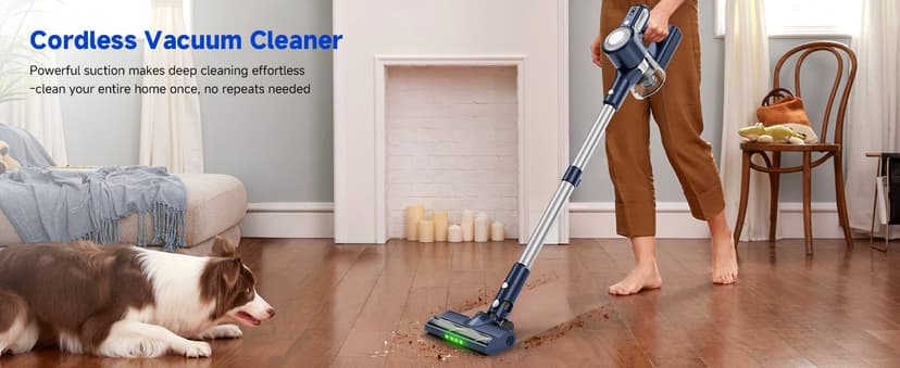 Cordless Vacuum Cleaner, Powerful Suction Vacuum Cleaners for Home, Anti-Tangle Pet Hair Brush, Lightweight, Self-Standing, Green LED Headlight, 6-in-1 Stick Vacuum for Carpet Hardwood Floor-Dark Blue