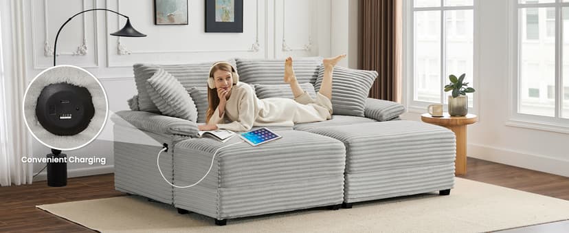 SUNWAVE 74" W Double Chaise Lounge Chair Indoor, Oversized Loveseat with Storage Ottoman, Corduroy Couch with USB Charging, Removable Ottoman, and Coffee Table Cushions for Living Room Bedroom
