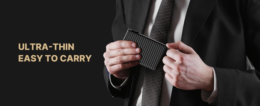 typecase Mens Wallet Card Holder: Pop Up Aluminum Case, Genuine Leather, Smart, RFID Blocking, Slim, Minimalist, Front Pocket - 9-14 Card Capacity | ID Window | Cash Slot (Carbon Fiber)