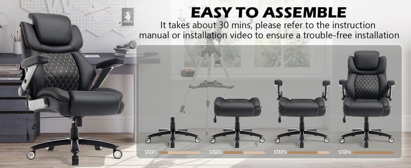 Oversized Big and Tall Office Chair 750lbs with Adjustable Headrest & Lumbar Airbag, Large Executive Chair with 5D Flip Arms, Heavy Duty Metal Base Chair with Hollow Casters & Thick Spring Seat, Black