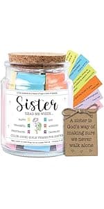 NewEleven Sister Birthday Gifts - Gift For Sister, Soul Sis, Sisters In Law - Sisters Gifts From Sister, Brother, Friend, Family - Decorative Glass Scripture Jar With 92 Bible Verse