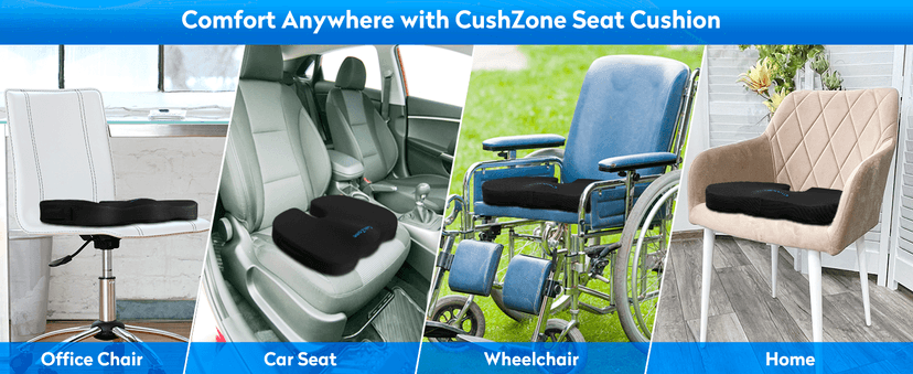 CushZone Seat Cushion - Memory Foam Office Chair Cushion for Sciatica, Tailbone & Back Pain Relief - Orthopedic Coccyx Pillow for Car, Airplane, Pregnancy & Long Sitting at Work, Black