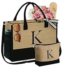 YOOLIFE Personalized Gifts for Women - Initial Jute Tote Bag & Makeup Bag, Birthday Gifts for Women Mom Wife Teacher Friend