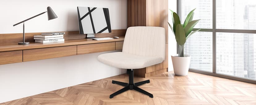 NEO CHAIR Criss Cross Chair No Wheels Armless Cross Legged Office Desk Wide Comfy Vanity Makeup Chair Adjustable Computer Task for Home Office Fabric (Beige)
