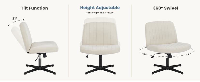 DUMOS Desk Chair No Wheels, Criss Cross Chair Wide Cross Legged Office Desk Vanity Comfy Chair, Armless Adjustable Swivel Chairs for Home Computer Task Beige