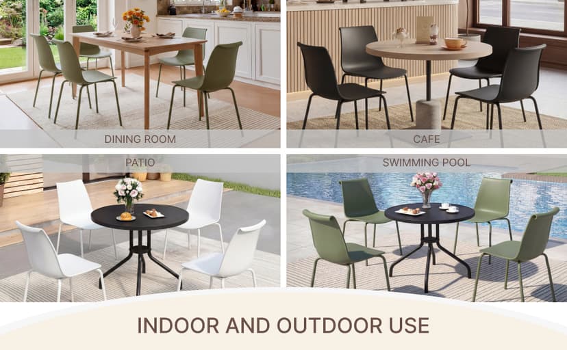 KISLOT Dining Chairs Set of 4, Plastic Outdoor Dining Room Chairs with Metal Legs, PP Anti-UV Stackable Patio Chairs with Ergonomic Back & Curved Seat for Kitchen Swimming Pool, Easy Assembly, Green