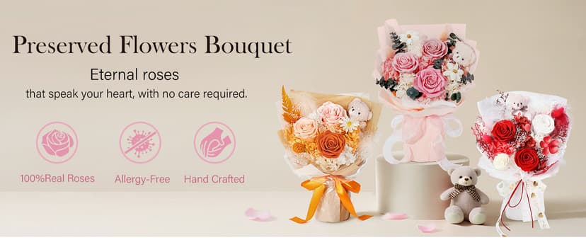 Preserved Flowers Bouquet with Bear, 3 Real Forever Flowers for Delivery, Long-Lasting Pink Eteranl Roses Bouquet Birthday Gifts for Women, Mother, Wife, Her