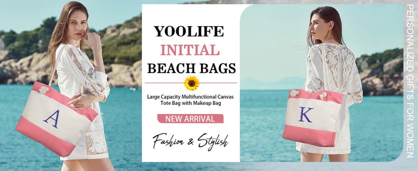 YOOLIFE Beach Bags for Women - Initial Canvas Tote Waterproof Bag with Makeup Bag Gifts for Women Mom Friend Birthday Her