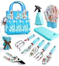 Garden Tools Set, JUMPHIGH 10 Pieces Gardening Tools with Floral Print, Ergonomic Handle Trowel Rake Weeder Pruner Shears Sprayer, Garden Hand Tools with Carrying Case Gardening Gifts for Women Father