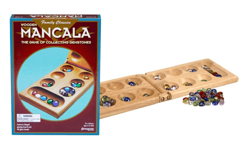 Pressman Mancala Board Game | Fun Classic Table for Adults & Kids | Includes 48 Glass Mancala Stones and Wood Hinged Playing Board | 2 Players, Ages 6+