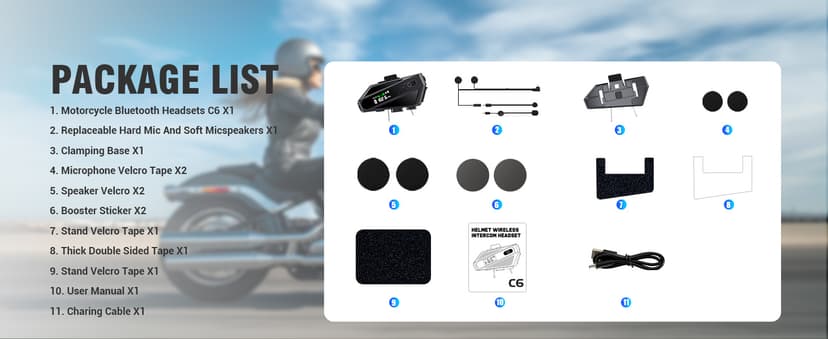 Motorcycle Helmet Bluetooth Headset, C6 Helmet Speakers with 2 Type Mics, Intercom/Hands-Free Call/Music/Waterproof/Noise Cancellation/Wake Up Siri, Suitable for Motorcycles, Skiing, and Cycling