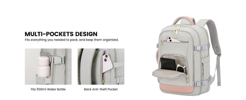 LOVEVOOK Travel Backpack For Women, 40L Carry On Backpack Flight Approved, TSA Personal Item Travel Bag Fits 17 Inch Laptop, Business Weekender Overnight Waterproof Daypack With 2 Cubes, Grey-Pink