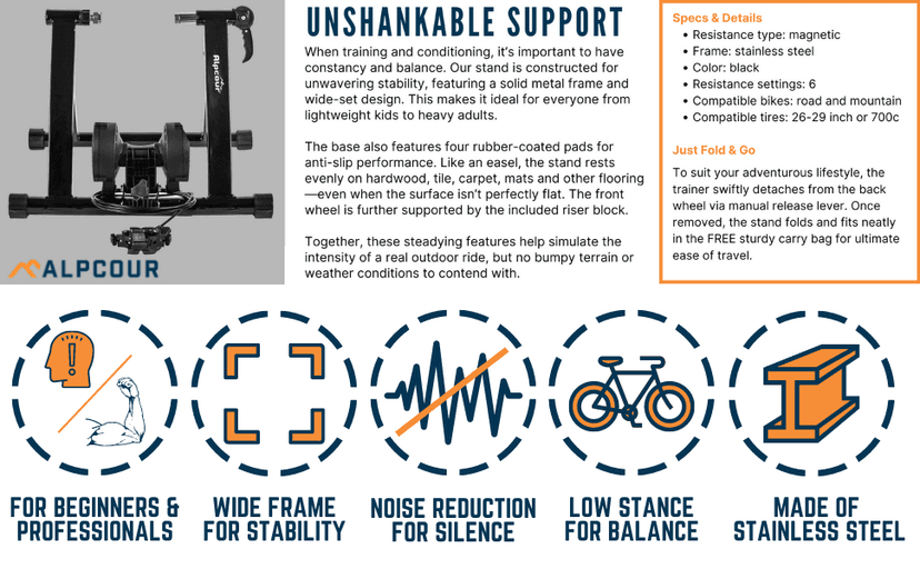 Alpcour Bike Trainer Stand for Indoor Riding – Portable Foldable Magnetic Stainless Steel Indoor Trainer, Noise Reduction, 6 Resistance Settings & Bag – Stationary Exercise for Road & Mountain Bikes