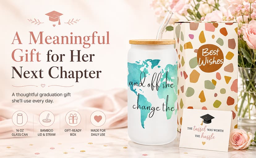 Frerdui Graduation Gift for Her – And Off She Went to Change the World 16oz Glass Cup, Cute Grad Gift for College High School Graduate, Grad Gift for Daughter Niece Granddaughter Friend B0GTY7QRB9