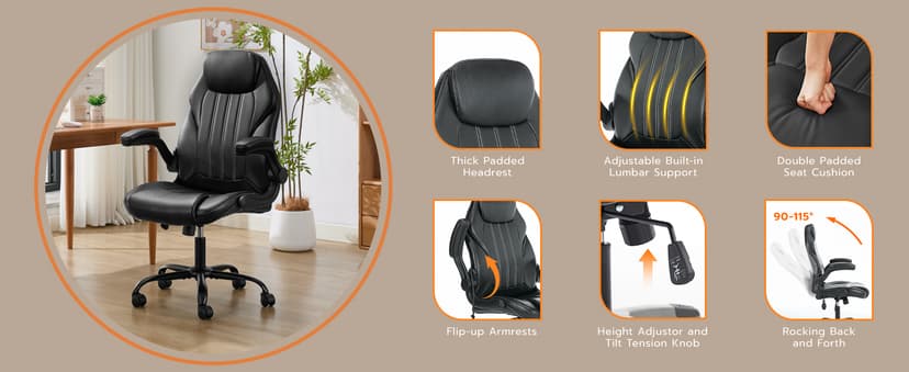 Ylzyxal Office Desk Chair, Ergonomic Computer Chair with Padded Flip-Up Arms and Adjustable Lumbar Support, PU Leather Executive Chair with Tilt Lock and 360° Swivel Rolling Wheels for Work, Study