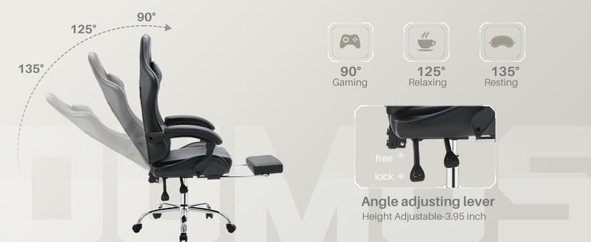 DUMOS Ergonomic Gaming Office Desk Chair with Footrest and Headrest for Adults, PU Leather Video Computer Chair with Linkage Armrests, Height Adjustable 360° Swivel Recling Chair, Black Grey