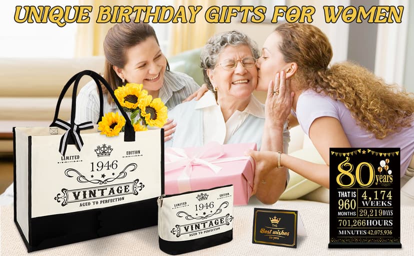 YeohJoy 80th Birthday Gifts for Women Canvas Tote Bag Travel Gear, Unique 80 Years Old Birthday Gifts for Mom Wife Aunt Friends Her, Vintage 1945 Handbag & Cosmetic Bag & Back in 1945 Poster