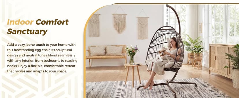 NICESOUL Hanging Egg Chair with Stand Indoor Outdoor, Comfy Patio Rattan Swing Hammock Chairs with Cushion, 350lbs Capacity Egg Shaped Chair for Lawn Backyard Balcony Bedroom, Birthday Gift, Beige