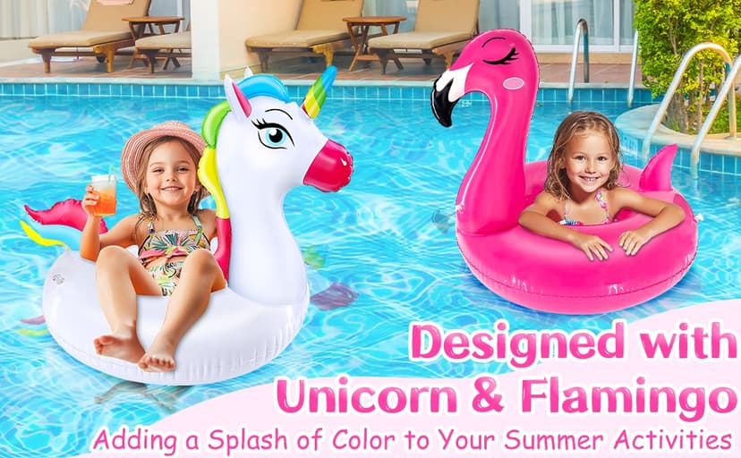 2 Pack Pool Floats for Kids Unicorn Flamingo Swim Ring Kids Pool Floaties Inflatable Swimming Pool Raft Party Water Toys for Age 2-5 Year Toddlers Girls Boys Summer Beach Float