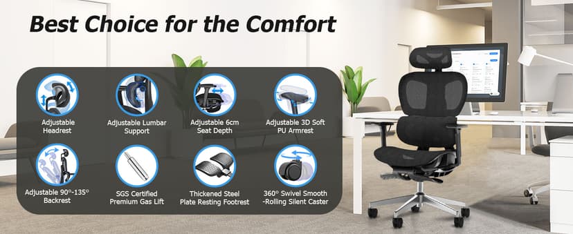 PatioMage Ergonomic Office Chair with Footrest, Big and Tall Desk Chair with Adjustable Lumbar Support, Seat Depth & 3D Armrests, High Back Mesh Computer Chair for Home Office, Black
