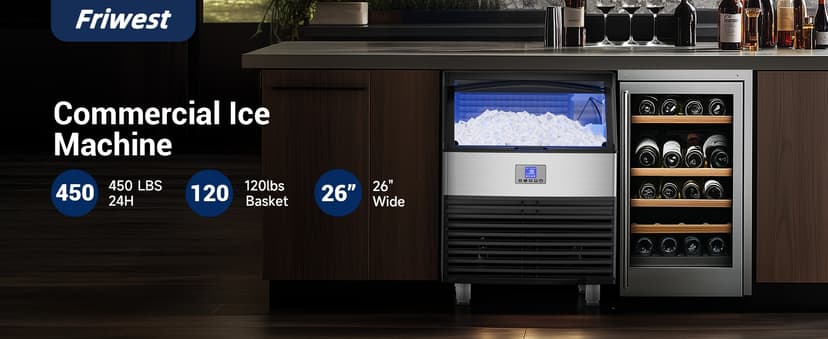 Commercial Ice Maker, 450LBS/24H Ice Machine Commercial with 120 LBS Storage, Ice Ready in 8-15 min, Under Counter Ice Machine, Commercial Ice Machine Maker for Restaurant/Bar/Cafe/Business