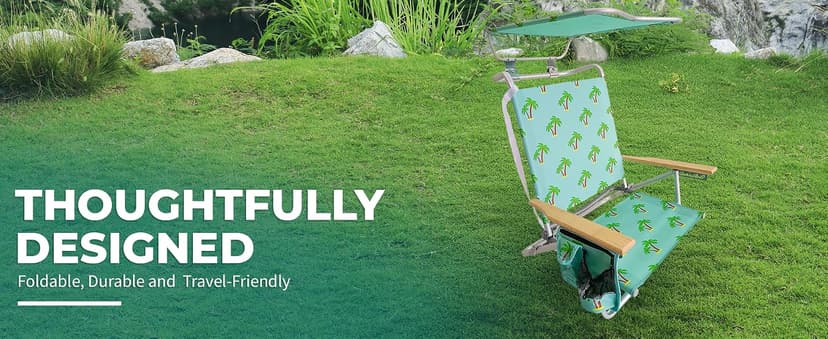 Bliss Hammocks Folding Beach Chair Recliner with Canopy Shade, Palm Tree