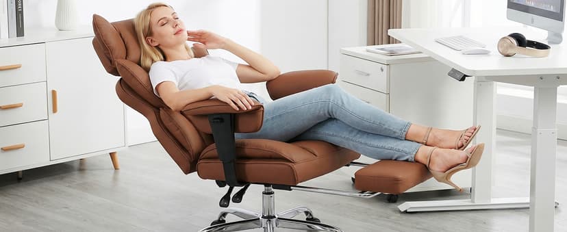 DUMOS Big and Tall Home Office Desk Chair, Gaming Computer Chair, Executive Ergonomic Chair with Footrest, High Back Reclining, Adjustable Armrests and Comfy Lumbar Support, PU Leather, Brown