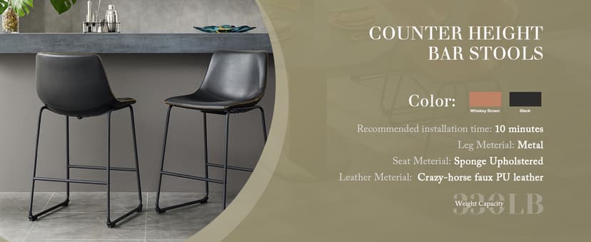 DUMOS 26 Inch Counter Height Bar Stools Set of 4, Modern Faux Leather High Barstools with Back and Metal Leg, Bar Chairs for Kitchen lsland, Black
